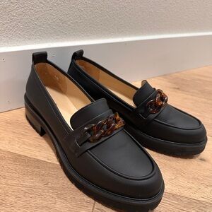 Sherlock Vegan Leather Black Loafers with Tortoise Chain Accent